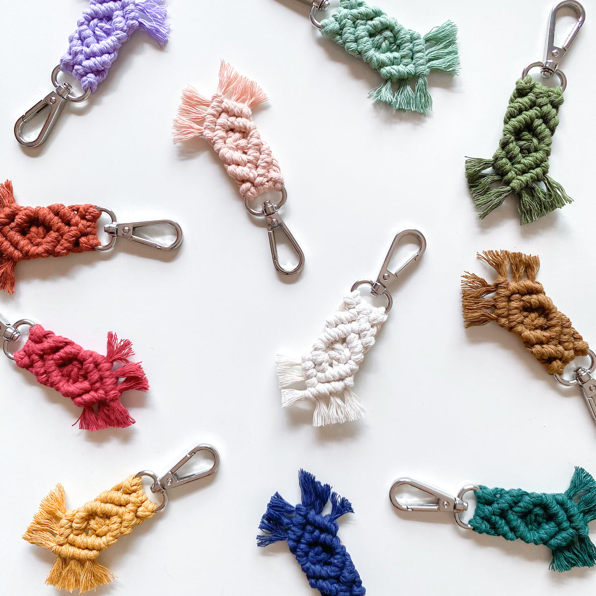 Colourful handmade macramé name keychains by The Circus Whale